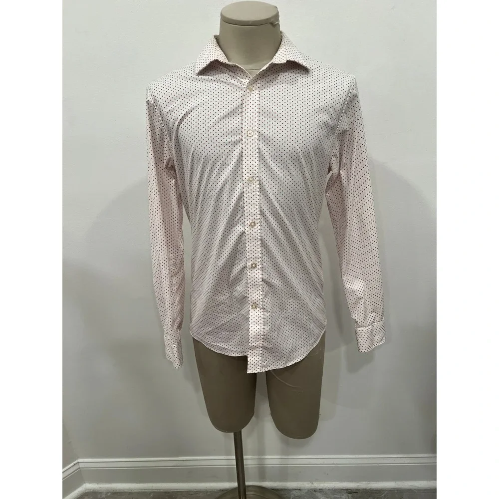 Banana Republic Button Down Shirt Mens Medium White Red Polka Dot Slim Flex Fit
